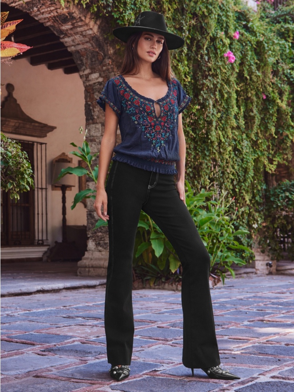 Johnny Was Navy Embroidered Floral Peasant Top